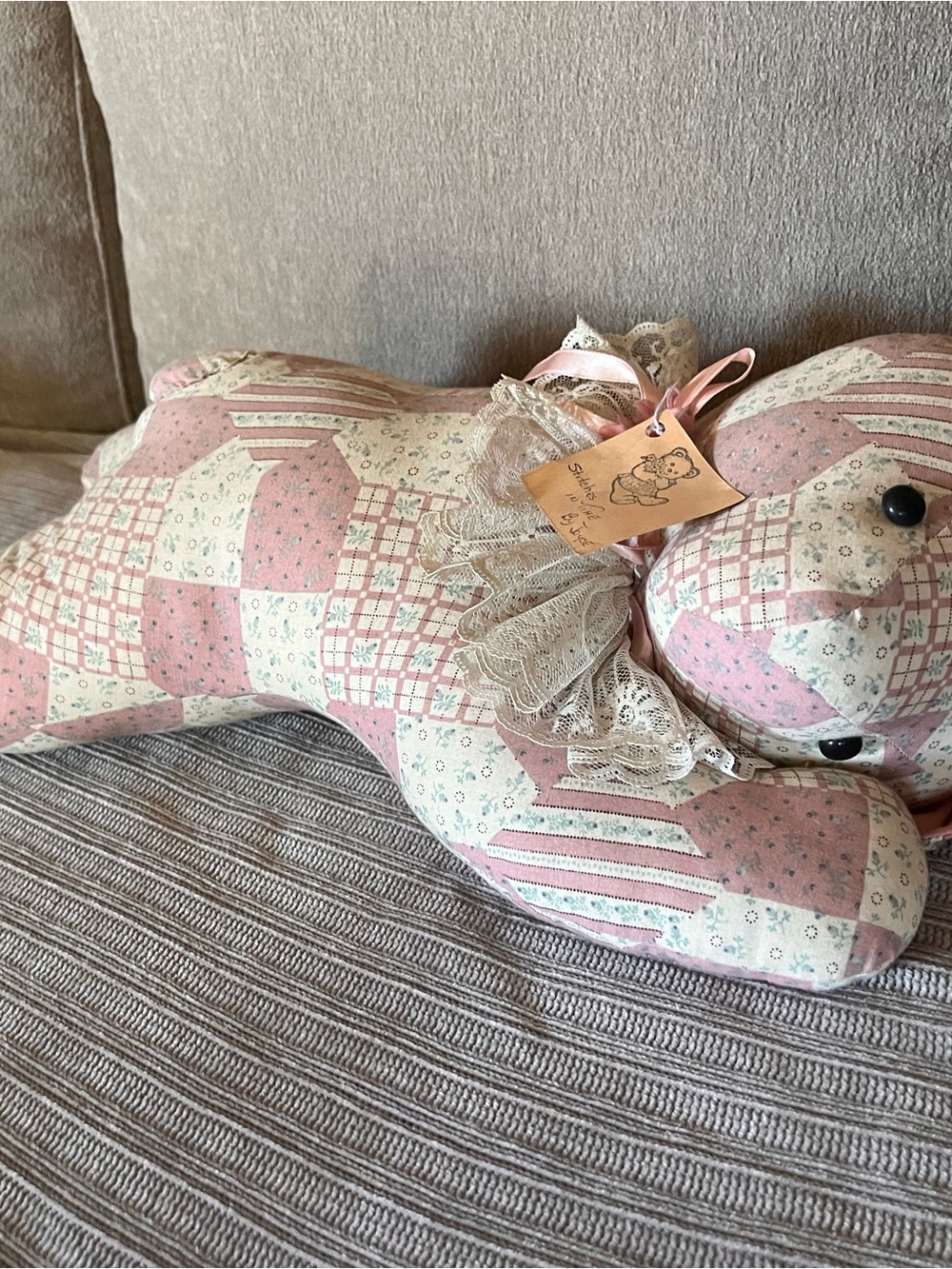 Vintage EST. 1950’s Handmade Pink Patchwork Bear with original tag 🏷️